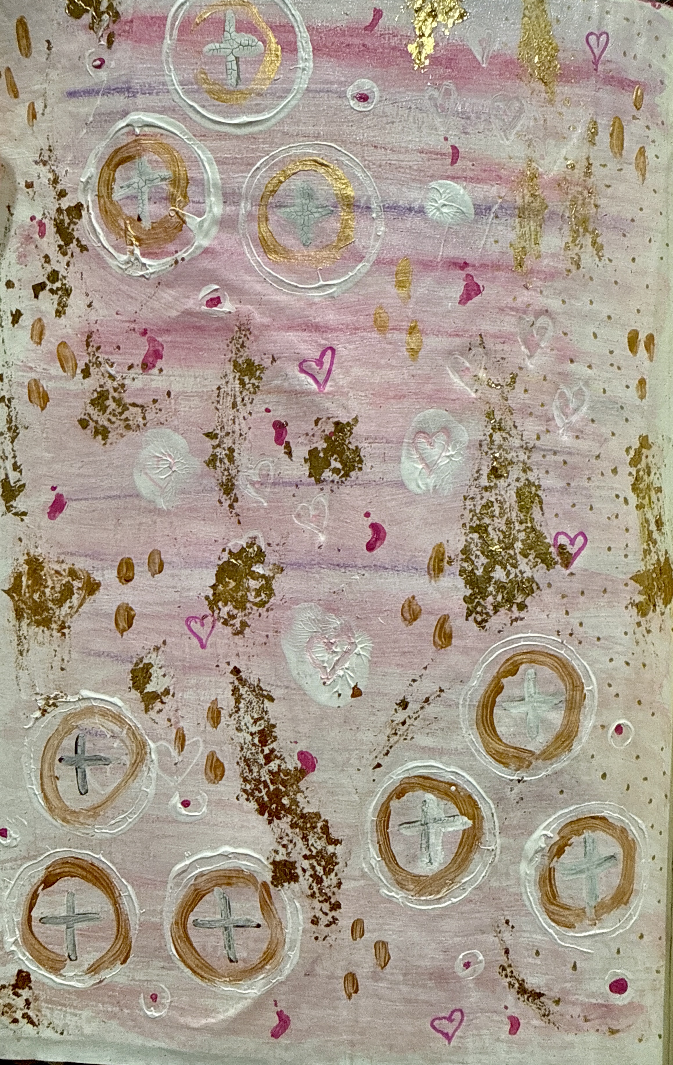 Softly layered mixed media artwork in pink, white, gold, and blush tones. The background features textured brush strokes, gold leaf, and scattered heart shapes. Circular motifs with crosses in the center float throughout the piece, symbolizing faith and protection. The overall feeling is gentle, porous, and sacred — evoking tenderness, healing, and resurrection.
